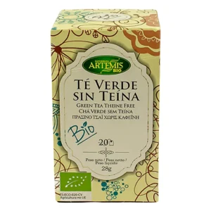 Caja frontal de Té Verde sin teína ecológico de Artemis Bio con 20 bolsitas veganas