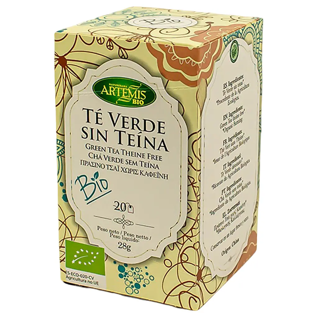Caja lateral derecho Té Verde sin teína ecológico de Artemis Bio con 20 bolsitas veganas