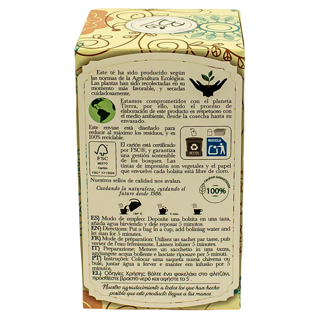 Caja Parte Trasera Descripción detallada del Té Verde sin teína ecológico de Artemis Bio con 20 bolsitas veganas