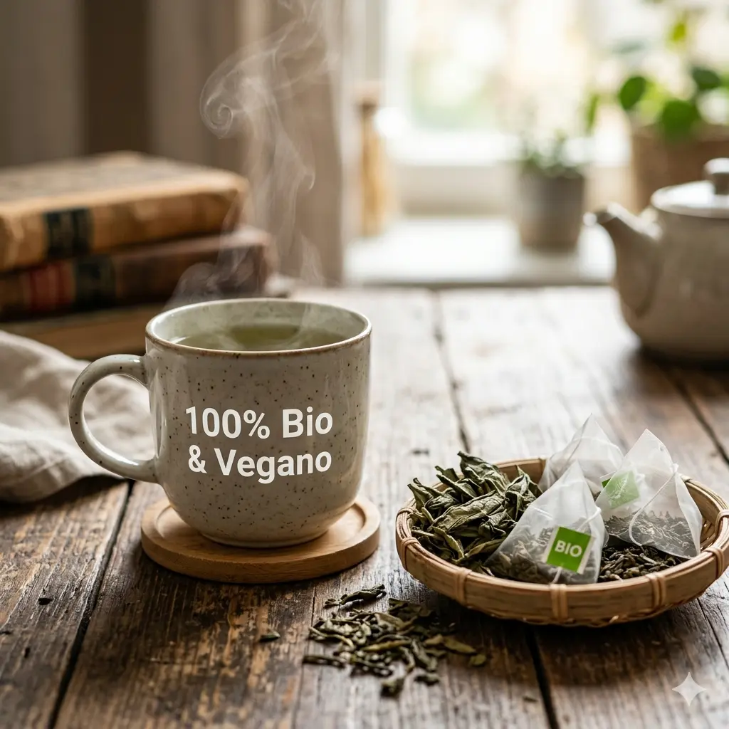 Humeante, caliente y agradable Taza de excelente y riquísimo Té verde sin Teína de la marca Artemis Bio, encima de una mesa de madera, junto un platillo con hojas de té y dos sobres de infusión, vegano